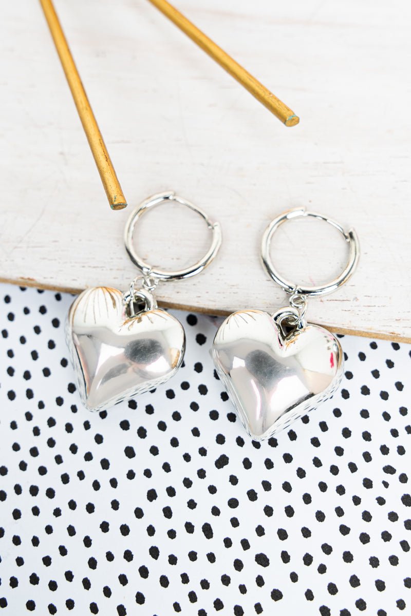 Crystal Avenue Phoebe Puffy Heart Silvertone Huggie Hoop Earrings - Wholesale Accessory Market