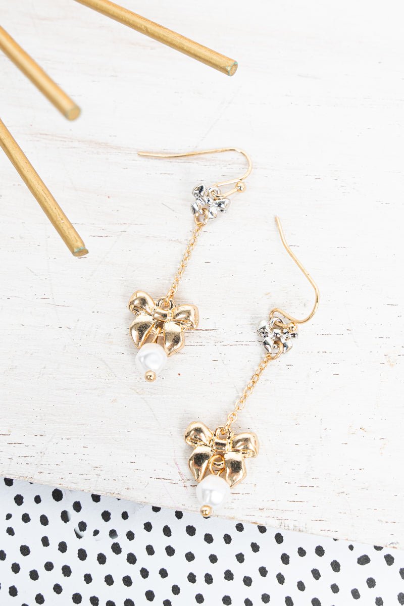 Crystal Avenue Coquette Girly Pearl and Two Tone Bow Drop Earrings - Wholesale Accessory Market