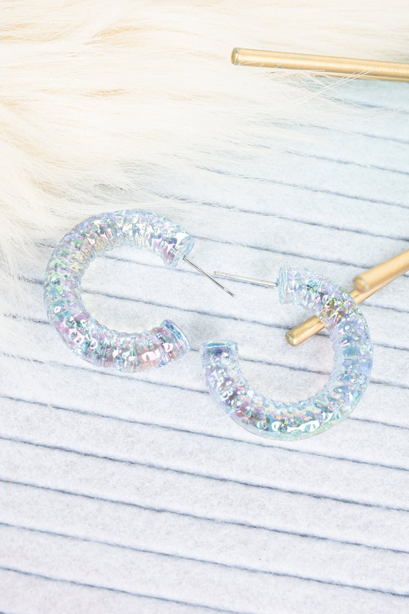 Wholesale Crystal Avenue Iridescent Aqua Acrylic Hoop Earrings | Wholesale Accessory Market, image size:800x1200