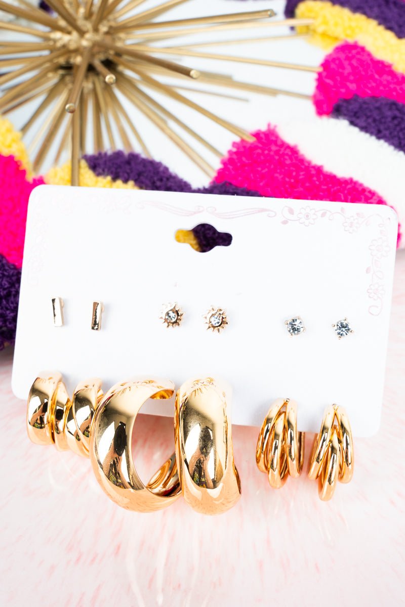 Crystal Avenue Headliner Hoop & Stud Goldtone Earrings 6 Pair Set - Wholesale Accessory Market