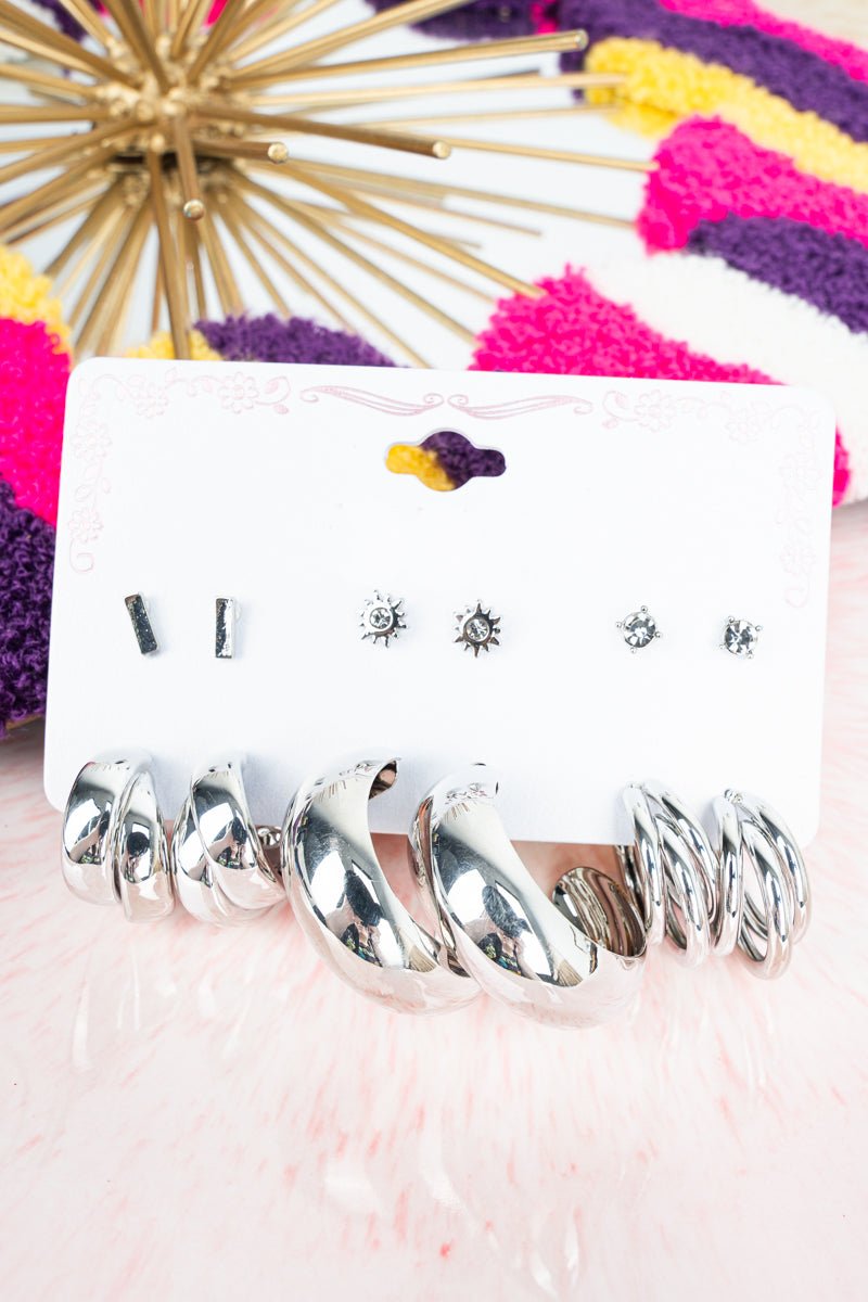 Crystal Avenue Headliner Hoop & Stud Silvertone Earrings 6 Pair Set - Wholesale Accessory Market