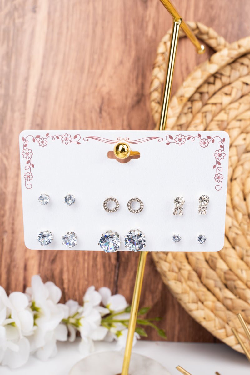 Crystal Avenue Crystal Silvertone Stud Earrings 6 Pair Set - Wholesale Accessory Market