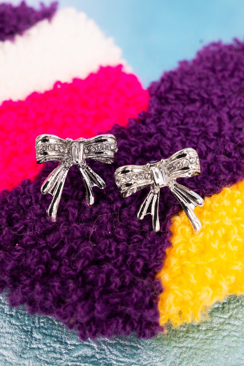 Crystal Avenue Knot Your Average Sparkle Silvertone Bow Earrings - Wholesale Accessory Market