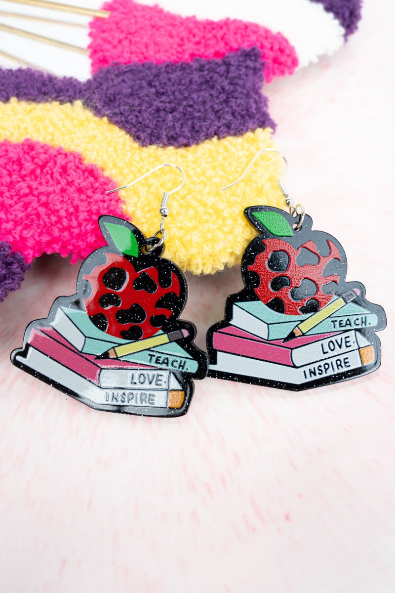 Crystal Avenue Teach Love Inspire Books & Apple Acrylic Earrings - Wholesale Accessory Market
