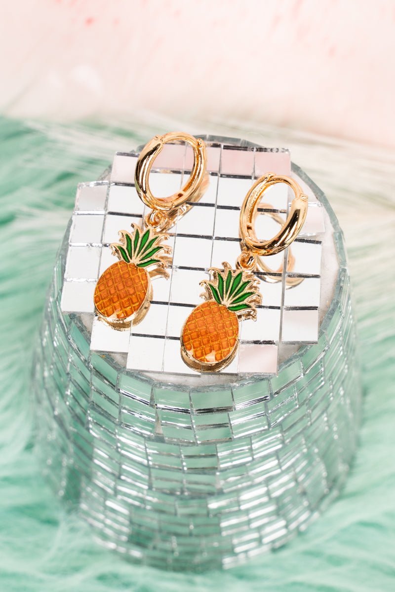 Crystal Avenue Pineapple Punch Goldtone Huggie Hoop Earrings - Wholesale Accessory Market