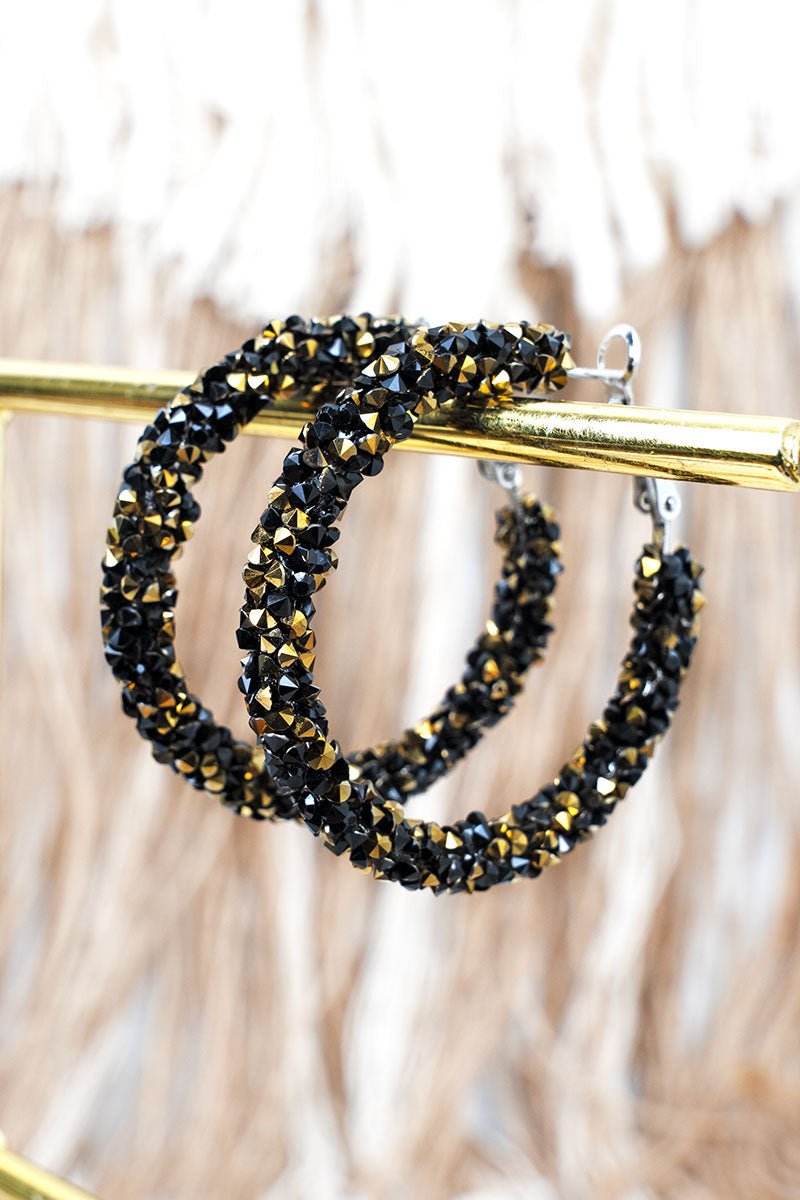 Crystal Avenue Black & Gold Dazzle On Hoop Earrings - Wholesale Accessory Market