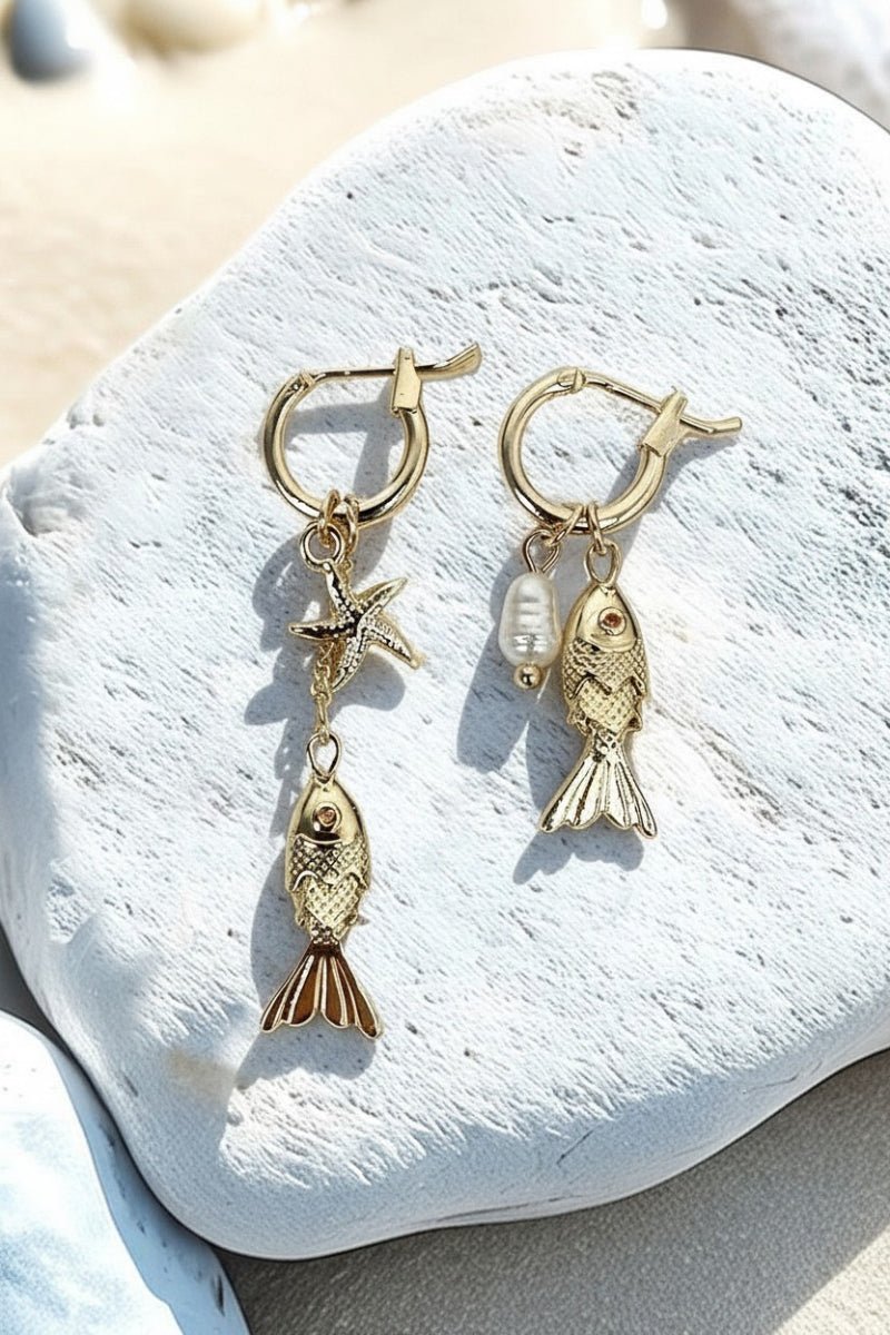 Crystal Avenue Coastal Drip Mismatched Goldtone Fish Hoop Earrings - Wholesale Accessory Market