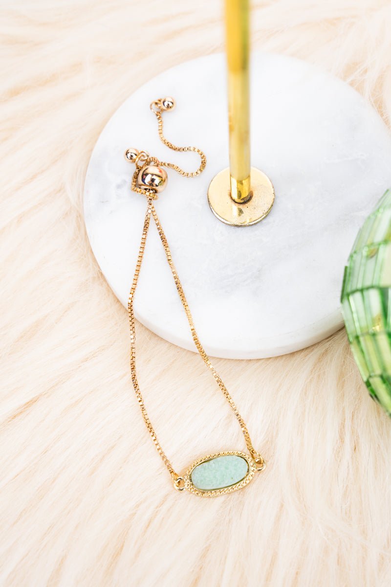 Crystal Avenue Worn Goldtone and Light Amazonite Druzy Adjustable Bracelet - Wholesale Accessory Market