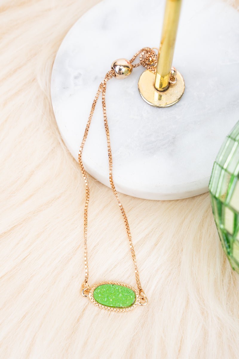 Crystal Avenue Worn Goldtone and Peridot Druzy Adjustable Bracelet - Wholesale Accessory Market