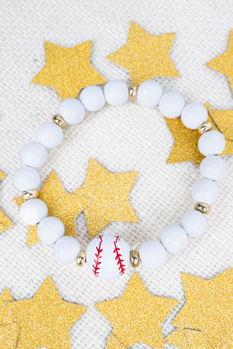 Crystal Avenue Play Ball! Baseball White Wood Beaded Bracelet - Wholesale Accessory Market