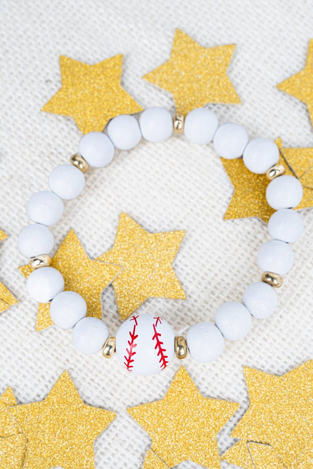 Crystal Avenue Play Ball! Baseball White Wood Beaded Bracelet - Wholesale Accessory Market