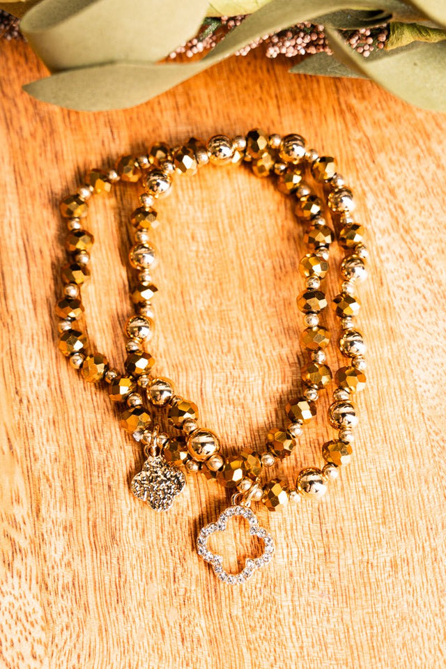 Crystal Avenue Double Trouble Quatrefoil Gold Beaded Bracelet Set - Wholesale Accessory Market