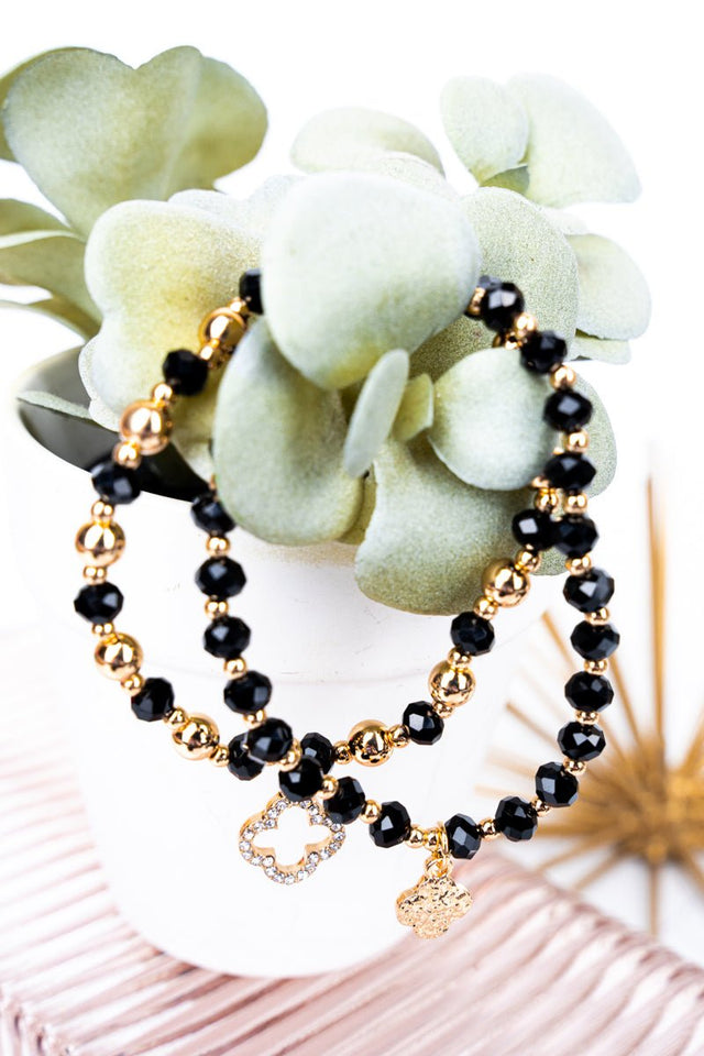Crystal Avenue Double Trouble Quatrefoil Black Beaded Bracelet Set - Wholesale Accessory Market