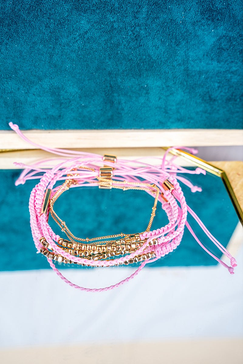 Crystal Avenue The Everly Light Rose & Goldtone Beaded Cord Bracelet Set - Wholesale Accessory Market