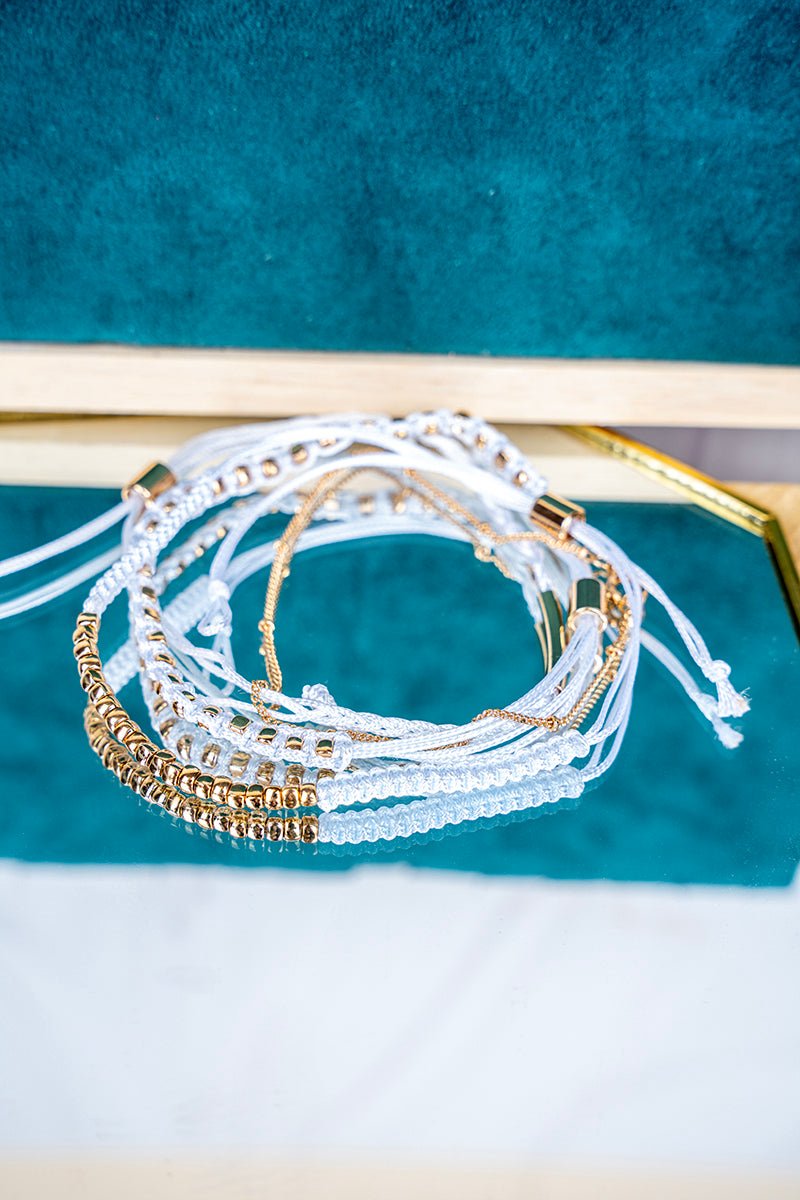 Crystal Avenue The Everly White & Goldtone Beaded Cord Bracelet Set - Wholesale Accessory Market