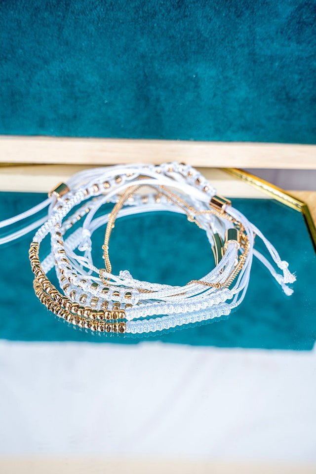 Crystal Avenue The Everly White & Goldtone Beaded Cord Bracelet Set - Wholesale Accessory Market
