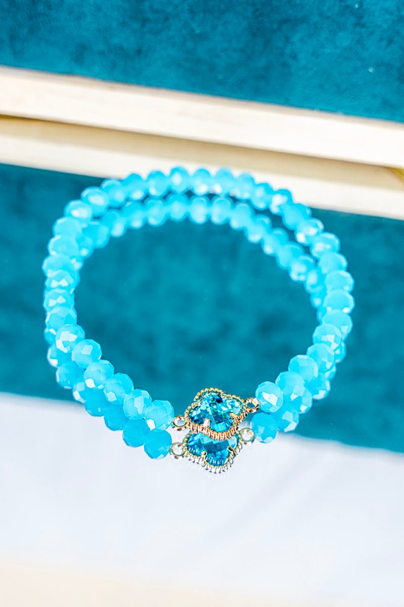 Crystal Avenue Kyla Clover Aqua Beaded Bracelet - Wholesale Accessory Market