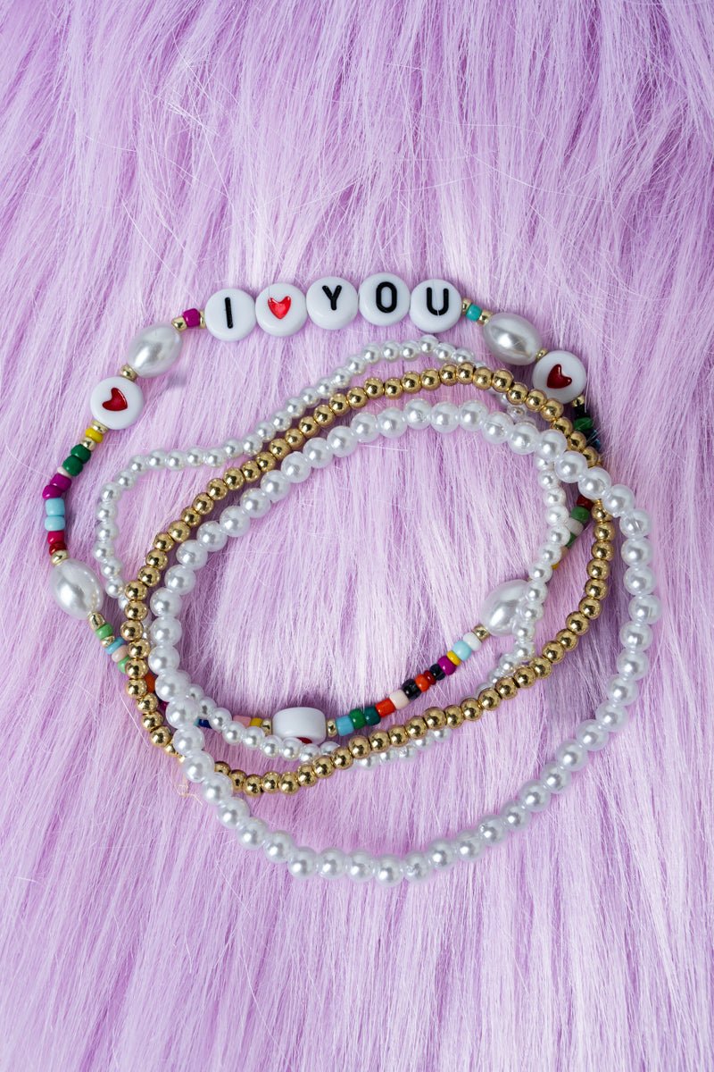 Crystal Avenue I Love You Pearl & Multi - Color Beaded Bracelet Set - Wholesale Accessory Market