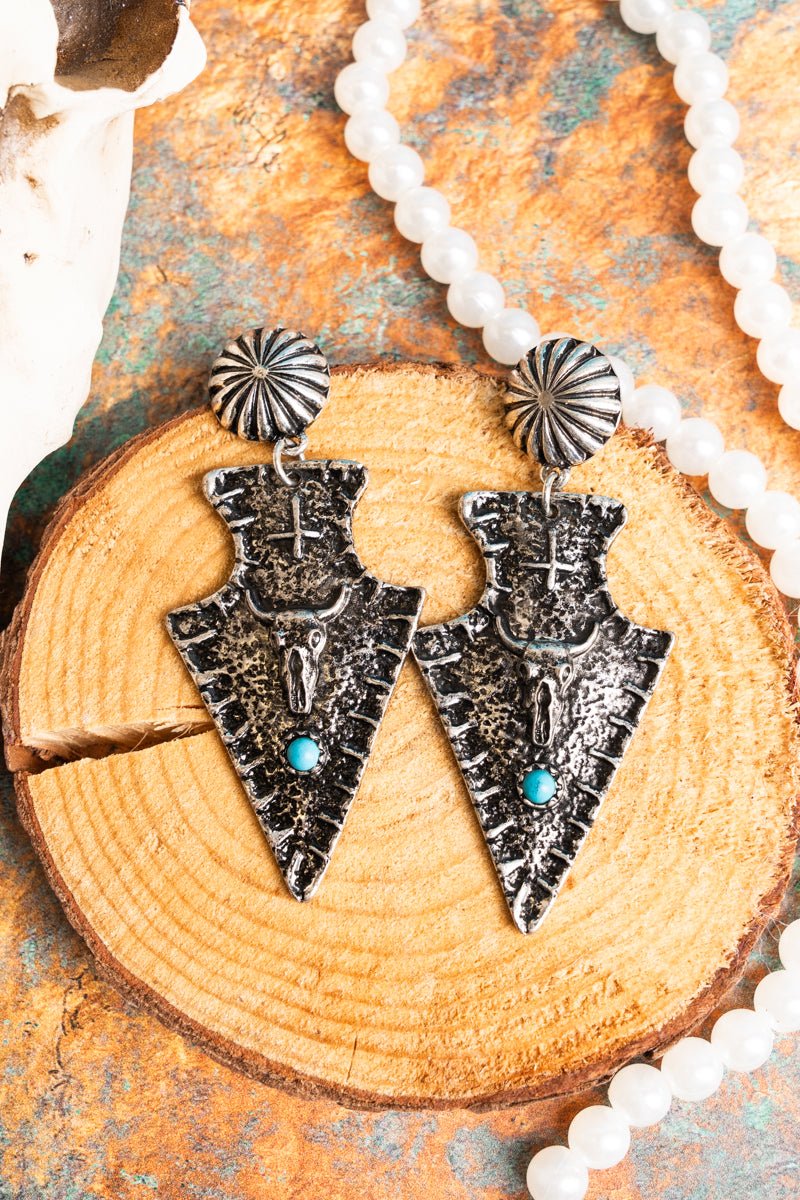 TIPI Steer Arrow Head Silvertone Earrings - Wholesale Accessory Market
