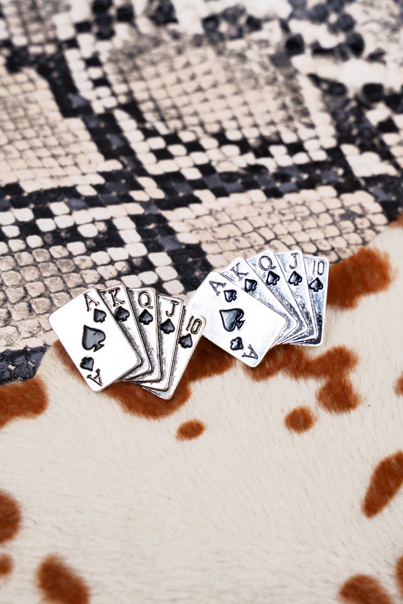 TIPI Royal Flush Spades Silvertone Earrings, .75" - Wholesale Accessory Market