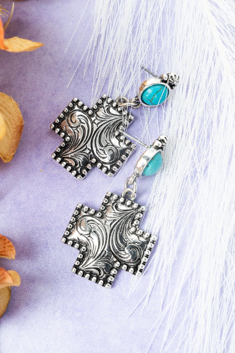 TIPI Turquoise Carlie Cross Silvertone Earrings - Wholesale Accessory Market