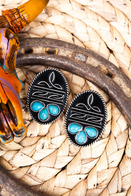 TIPI Western Detail Turquoise Silvertonel Oval Earrings - Wholesale Accessory Market