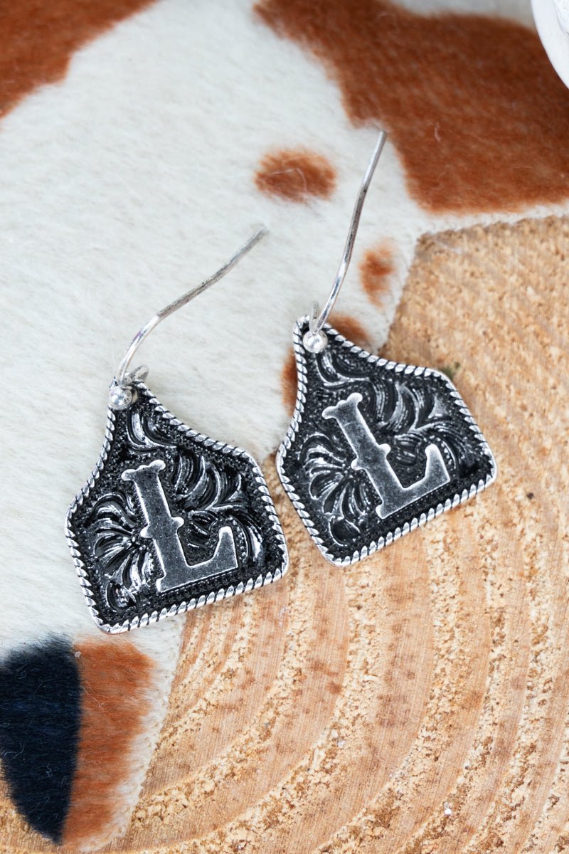TIPI Cattle Tag 'L' Silvertone Earrings - Wholesale Accessory Market