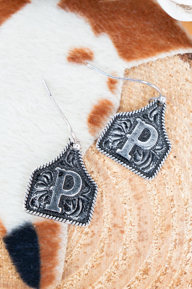 TIPI Cattle Tag 'P' Silvertone Earrings - Wholesale Accessory Market
