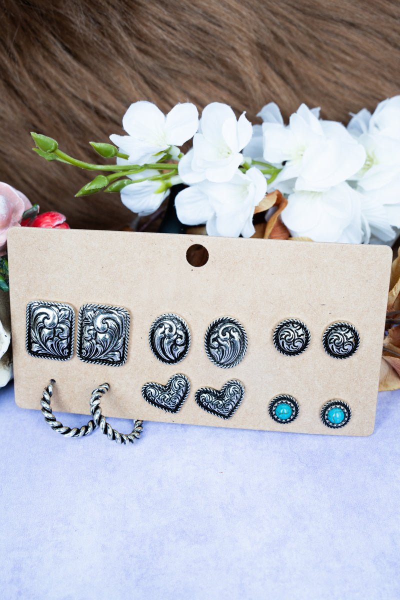 TIPI Jaelyn Turquoise Silvertone Stud Earrings 6 Pair Set - Wholesale Accessory Market