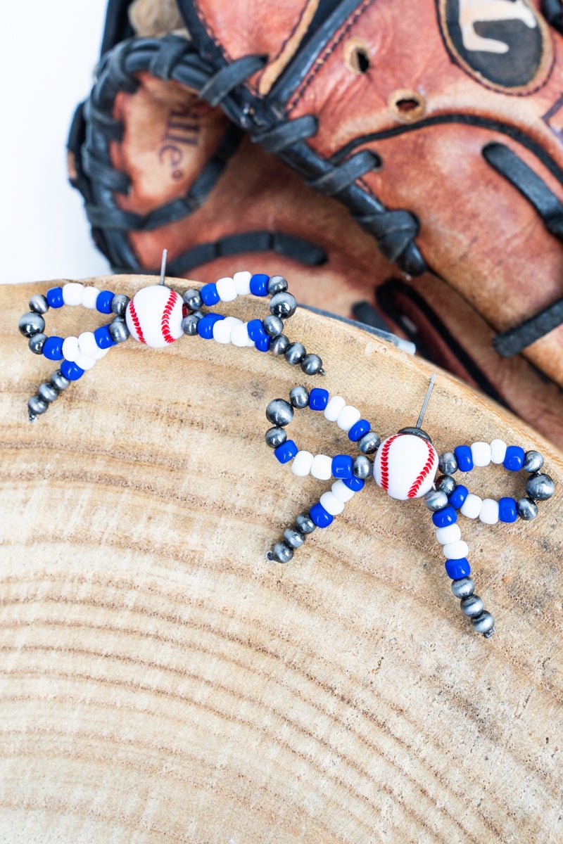 TIPI Blue & White Baseball Bow Earrings - Wholesale Accessory Market