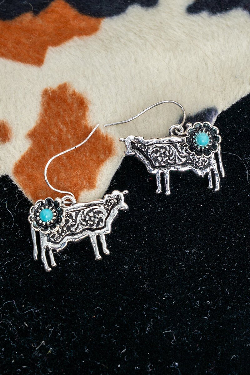 TIPI Turquoise Barnyard Blossom Cow Silvertone Earrings - Wholesale Accessory Market