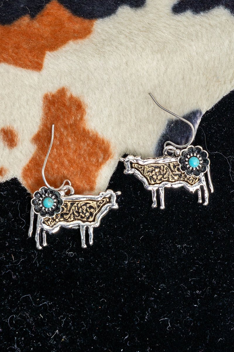 TIPI Turquoise Barnyard Blossom Cow Two-Tone Earrings - Wholesale Accessory Market