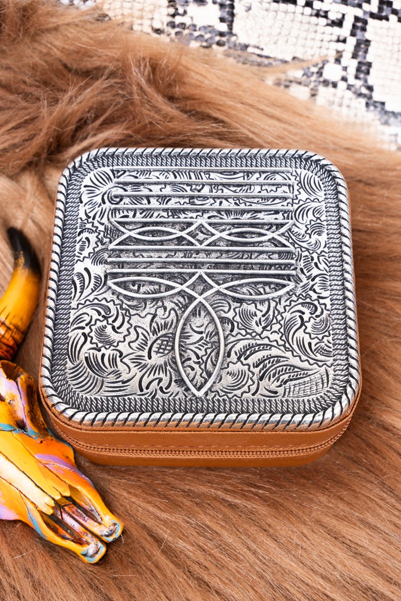 TIPI Metal Cowboy Boot Stitch Brown Small Travel Jewelry Box - Wholesale Accessory Market