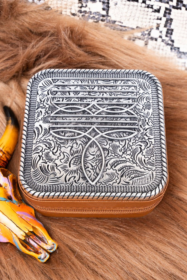 TIPI Metal Cowboy Boot Stitch Brown Small Travel Jewelry Box - Wholesale Accessory Market