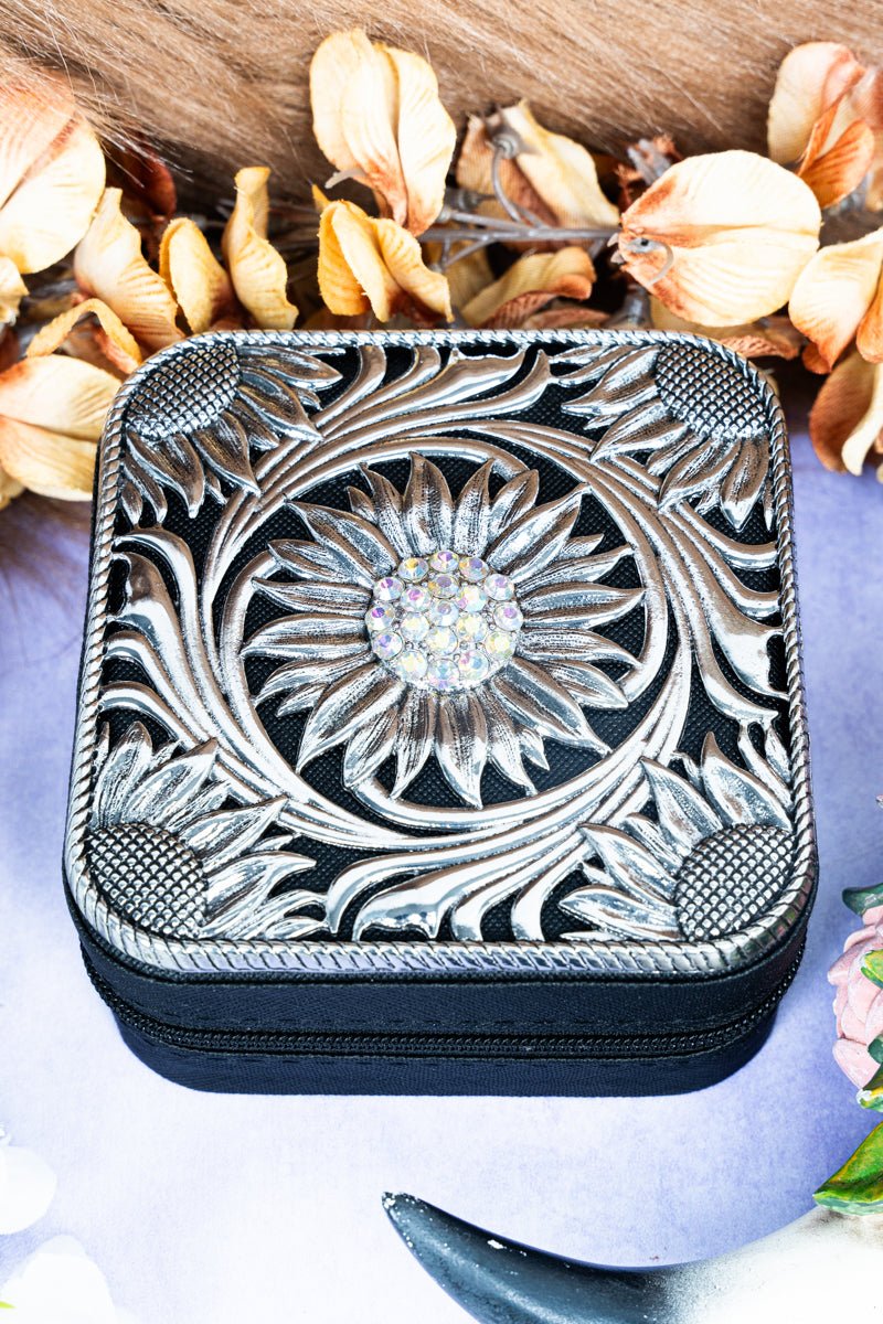 TIPI Metal Crystal Flower Scroll Black Small Travel Jewelry Box - Wholesale Accessory Market