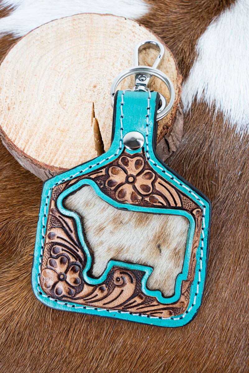 TIPI Heifer Hollow Cowhide Tooled Cattle Tag Keychain - Wholesale Accessory Market