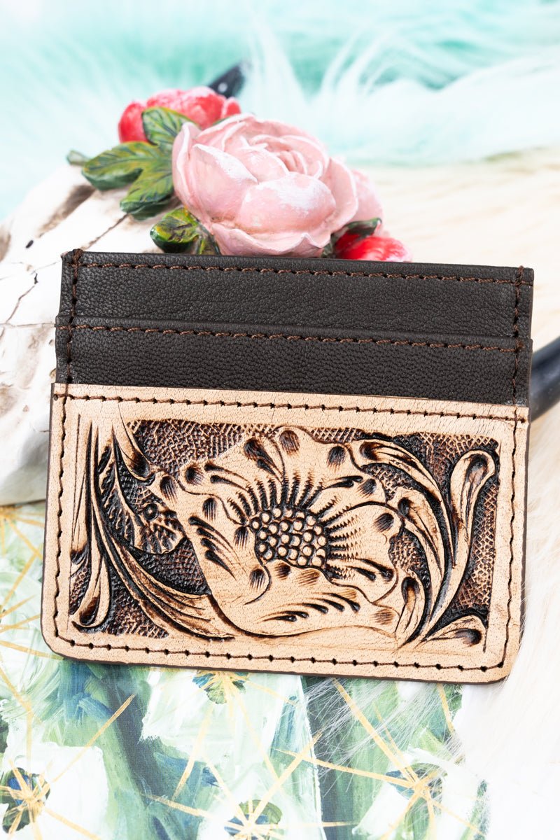 TIPI Brown Las Flores Tooled Card Wallet - Wholesale Accessory Market