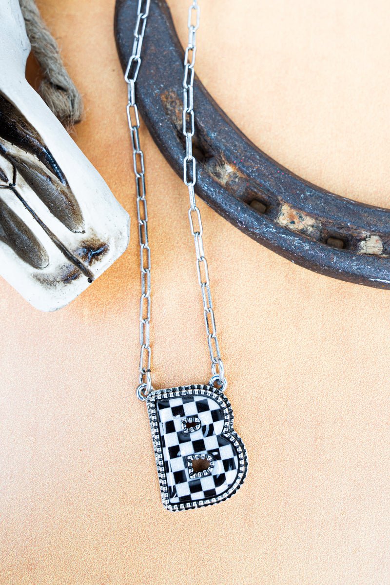TIPI Black & White Checkered 'B' Silvertone Necklace - Wholesale Accessory Market