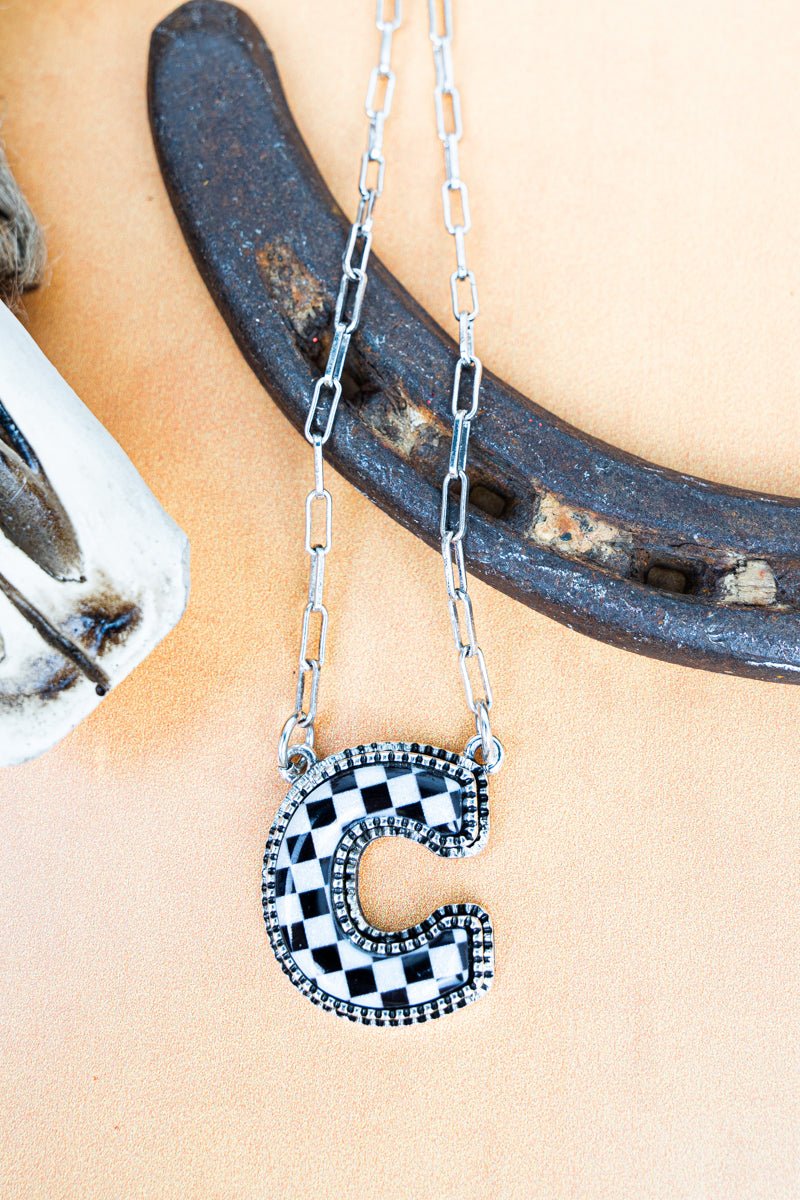 TIPI Black & White Checkered 'C' Silvertone Necklace - Wholesale Accessory Market