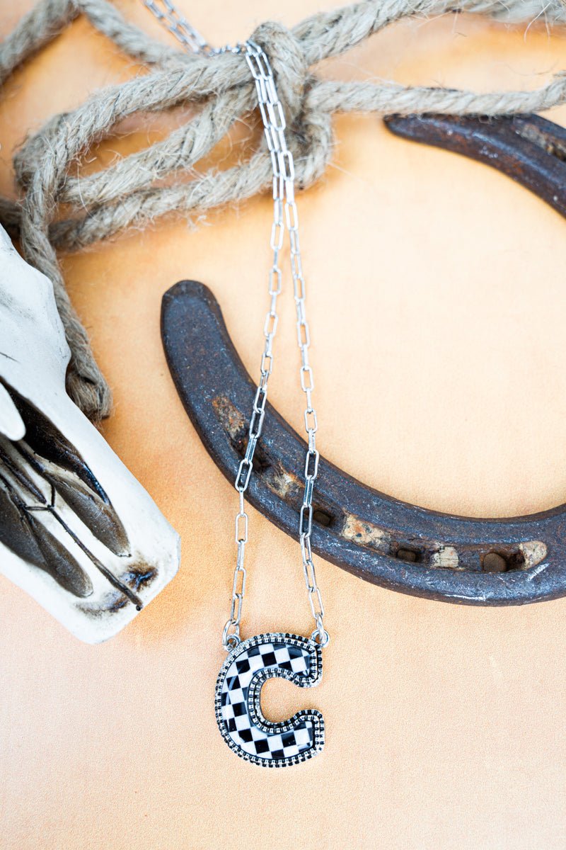 TIPI Black & White Checkered 'C' Silvertone Necklace - Wholesale Accessory Market