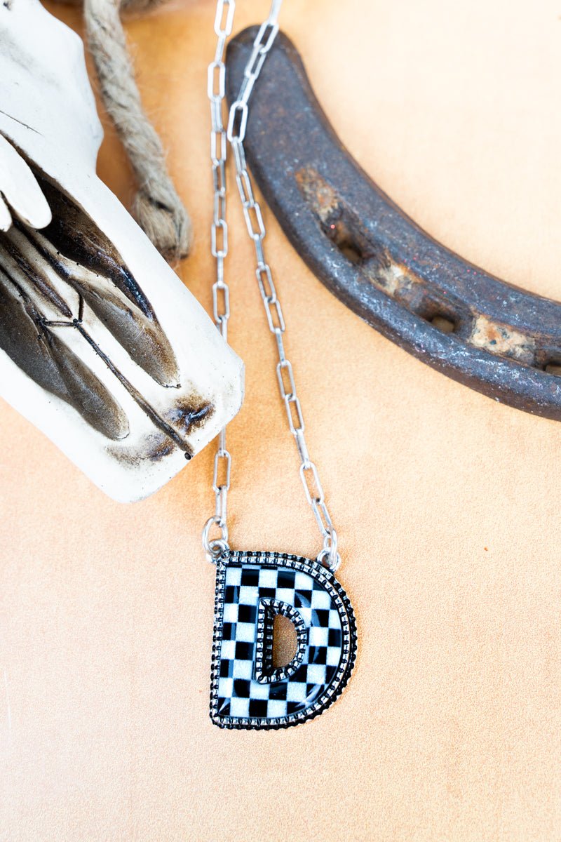 TIPI Black & White Checkered 'D' Silvertone Necklace - Wholesale Accessory Market