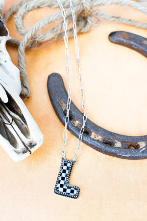 TIPI Black & White Checkered 'L' Silvertone Necklace - Wholesale Accessory Market