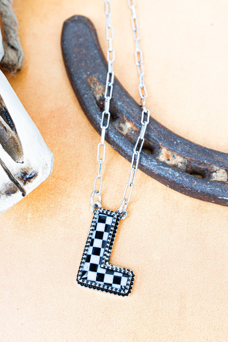 TIPI Black & White Checkered 'L' Silvertone Necklace - Wholesale Accessory Market