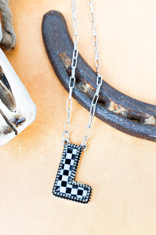 TIPI Black & White Checkered 'L' Silvertone Necklace - Wholesale Accessory Market