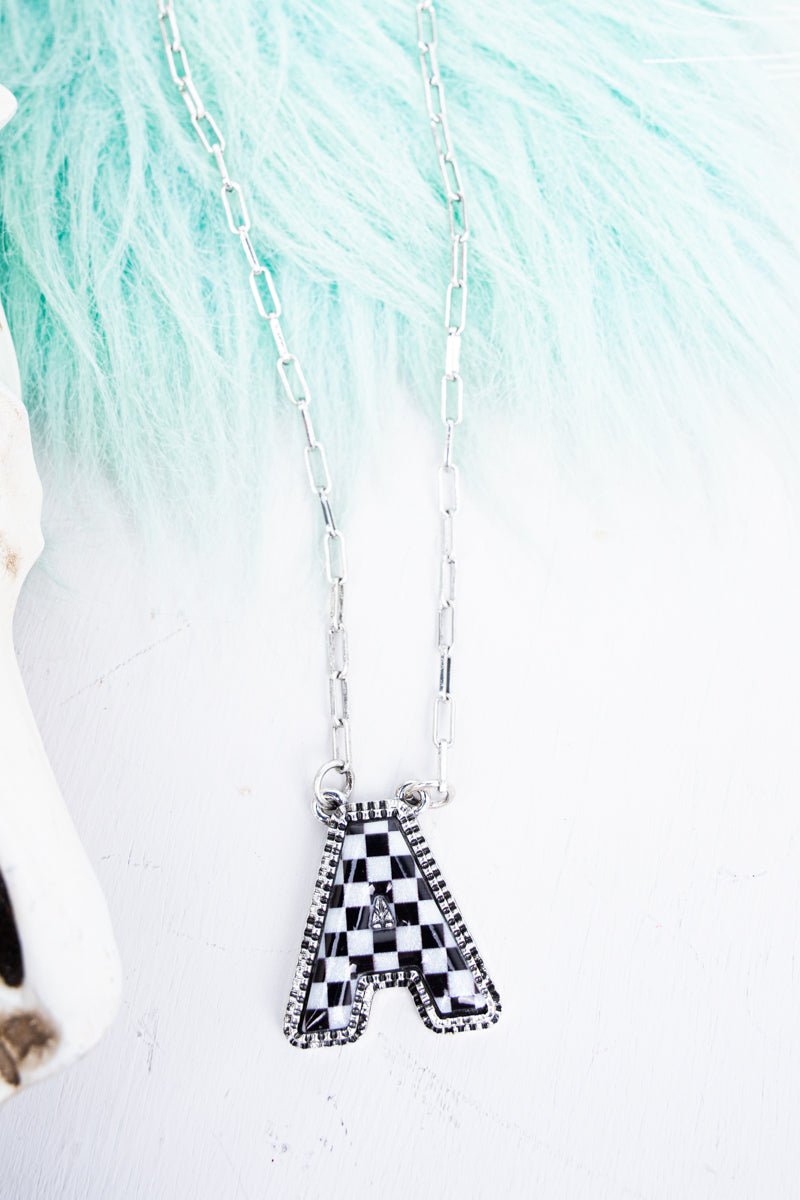 TIPI Black & White Checkered 'A' Silvertone Necklace - Wholesale Accessory Market