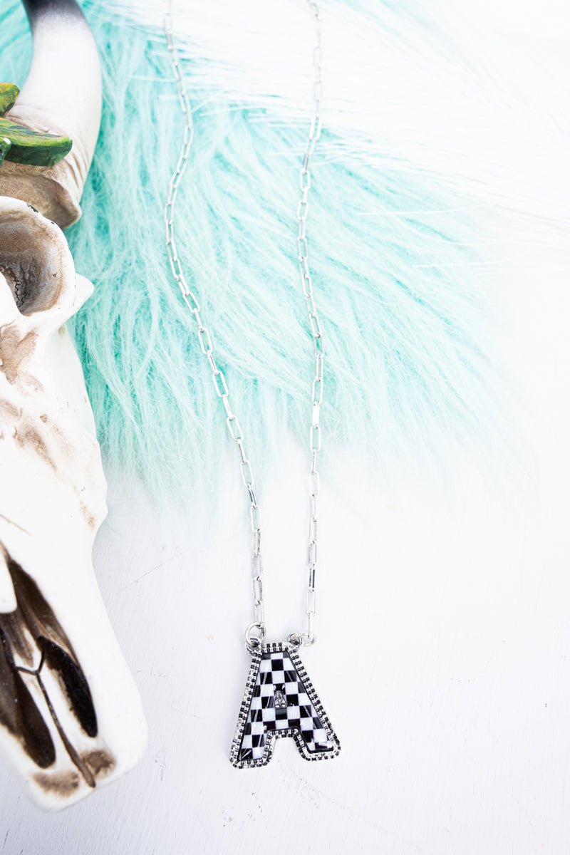 TIPI Black & White Checkered 'A' Silvertone Necklace - Wholesale Accessory Market