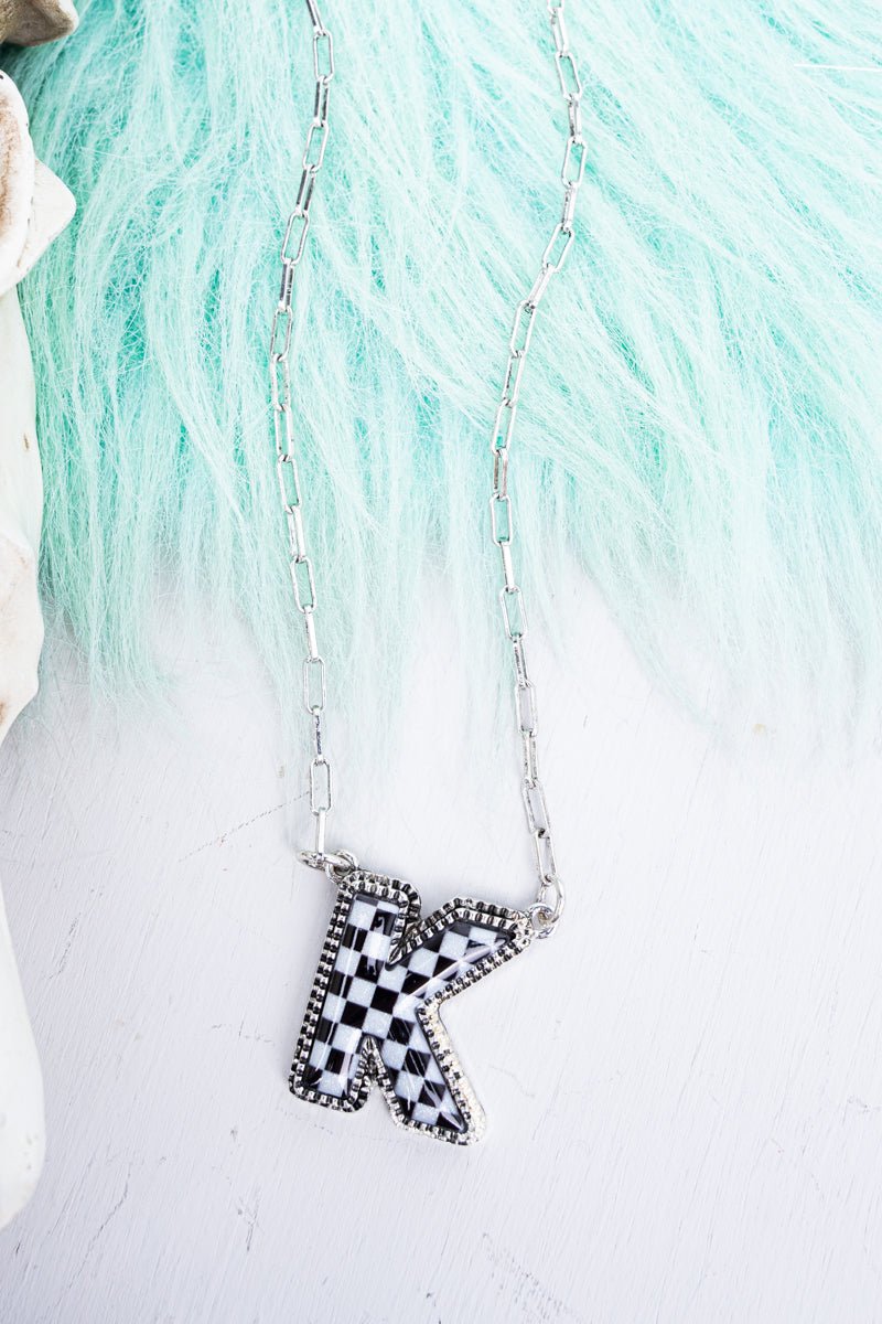 TIPI Black & White Checkered 'K' Silvertone Necklace - Wholesale Accessory Market