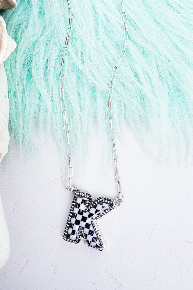 TIPI Black & White Checkered 'K' Silvertone Necklace - Wholesale Accessory Market