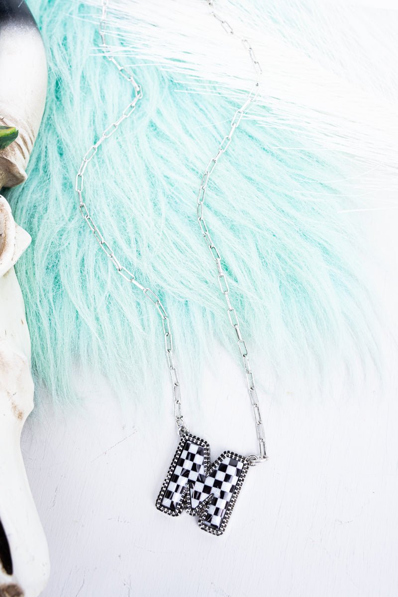 TIPI Black & White Checkered 'M' Silvertone Necklace - Wholesale Accessory Market