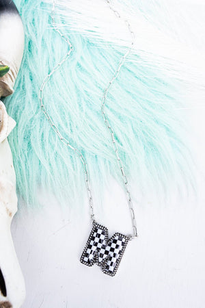 TIPI Black & White Checkered 'M' Silvertone Necklace - Wholesale Accessory Market